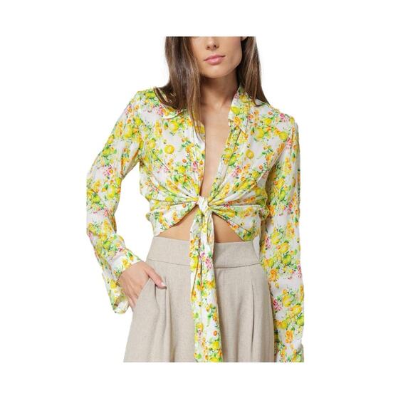 NWT Line & Dot Fruiti Floral Bell Sleeve Tie Front Top Size XS Lemon Floral - Picture 1 of 12